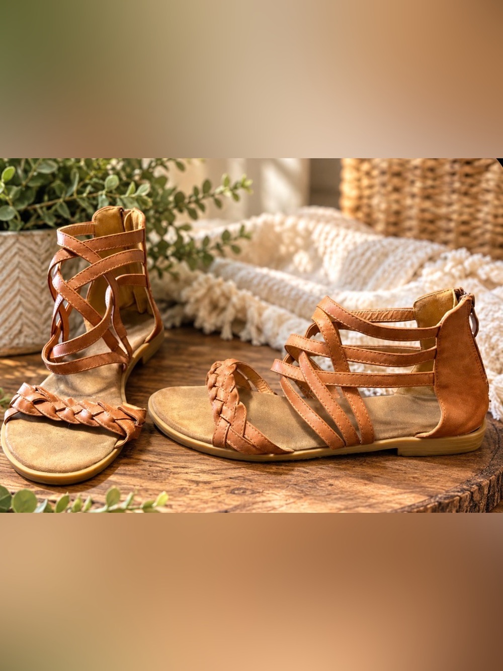 Forever 21 Tan Braided Strappy Gladiator Flat Sandals